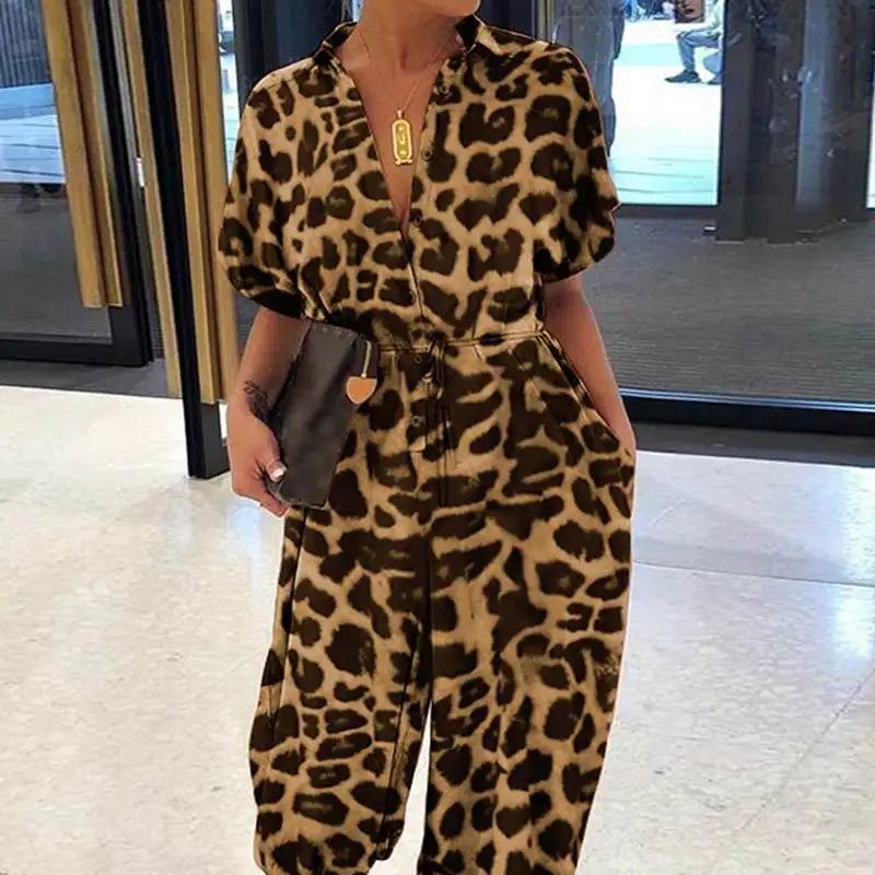 Leopard Short Sleeve Print V-Neck Turn-Down Collar Elastic Waist Jumpsuit