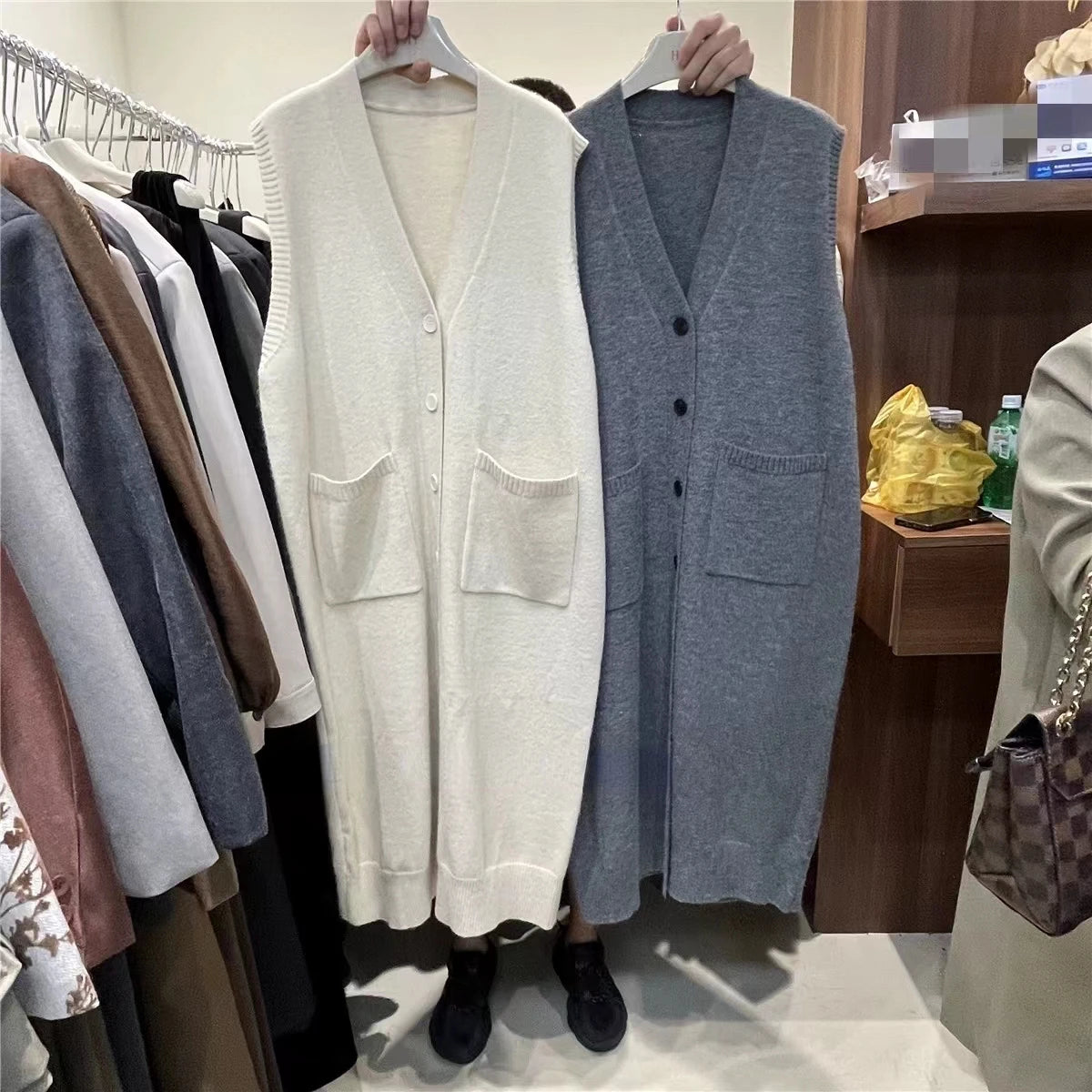 Sleeveless Knitted Button Front Vintage Oversized Knitted V-Neck Maxi Sweater Vest Dress