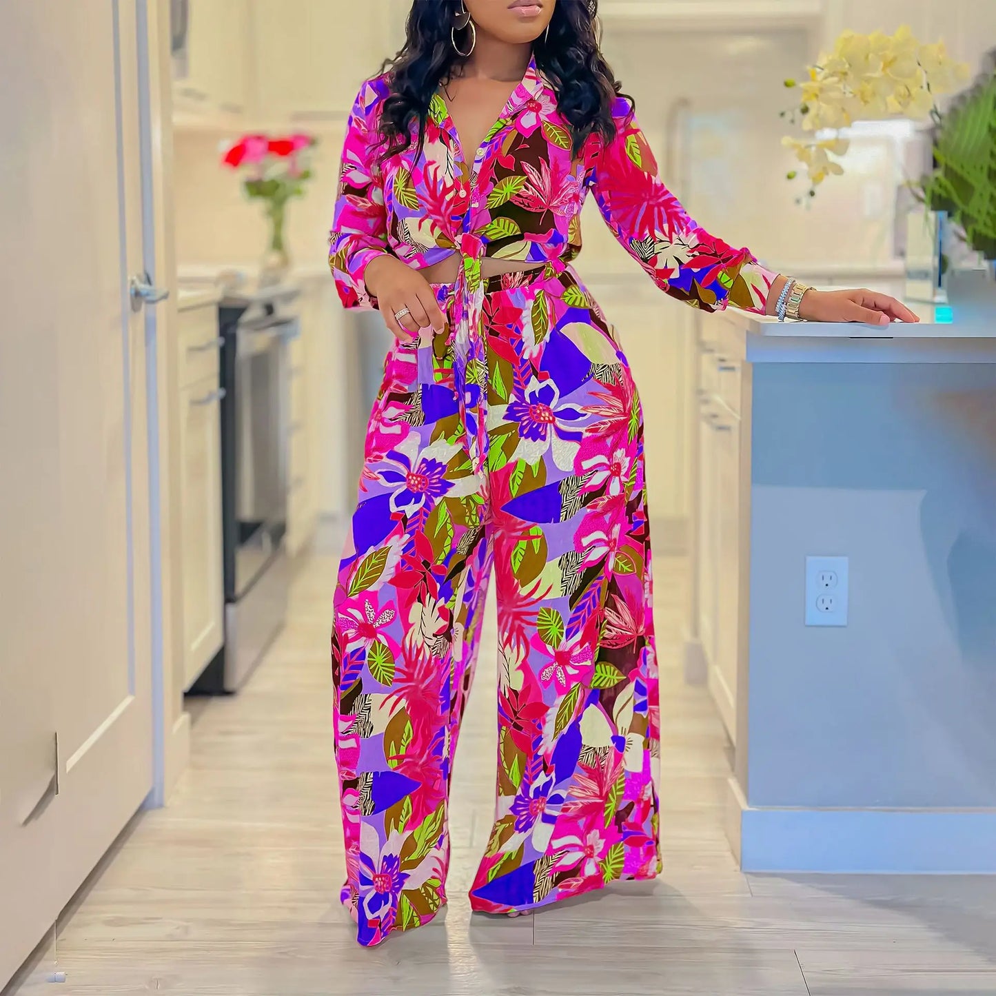 Tropical Pastel Flower Print Long Sleeve Blouse + Wide Leg Women's Trouser Pants 2-Piece Set