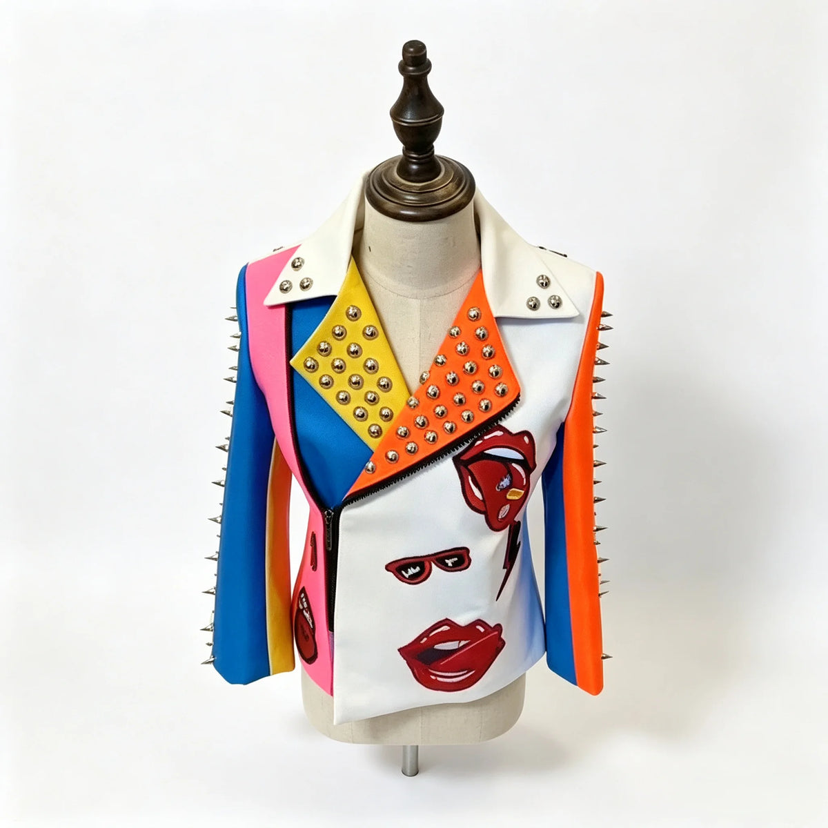Rivet Stud Spike Colorblock PU Leather Face Print Biker Women's Jacket to 3X Plus Size
