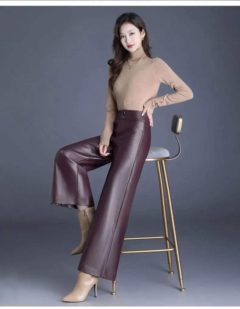 Designer Women's PU Leather Solid Color Wide Leg Pants