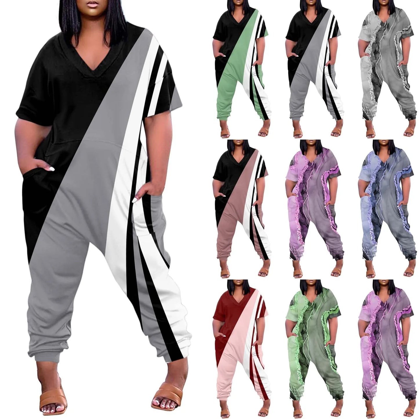 Cargo Pocket Colorblock Striped/Geometric Printed Women's V-Neck Short Sleeve Zipper Overall Wide Leg Jumpsuit