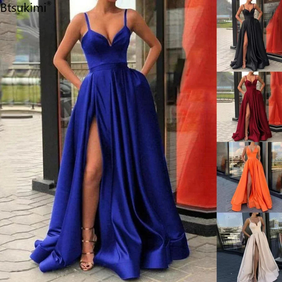 Satin Solid Elegant Side A-Line Spaghetti Strap High Slit Floor-Length Party/Prom Formal Dress