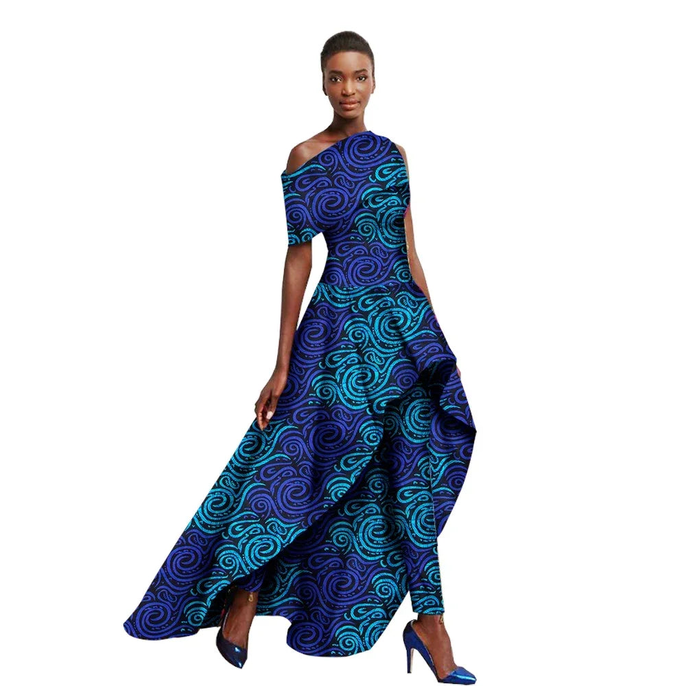 Asymmetrical Diagonal Hem Ankara African Print Short Sleeve O-Neck Maxi Dress + Pants 2-Piece Suit