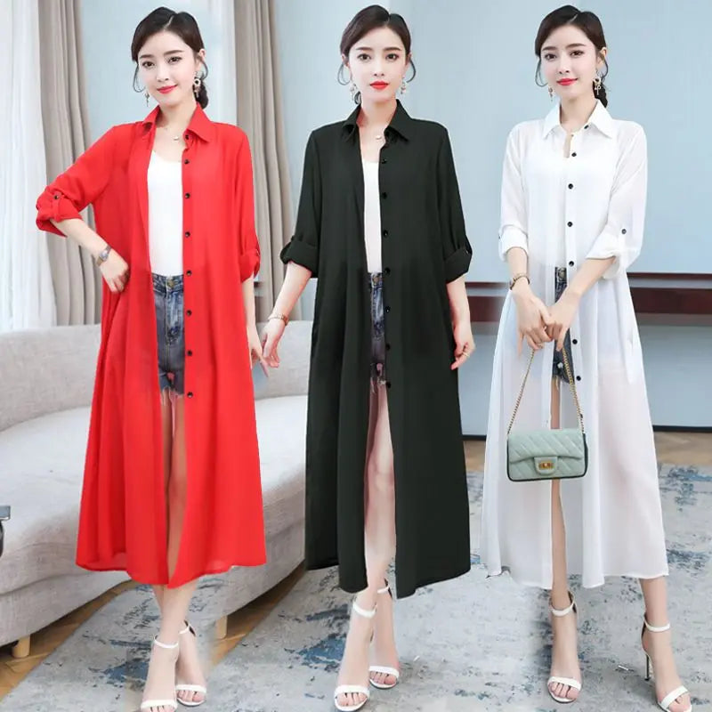 Chiffon Solid Color Women's Open Front Maxi Shirt Blouse