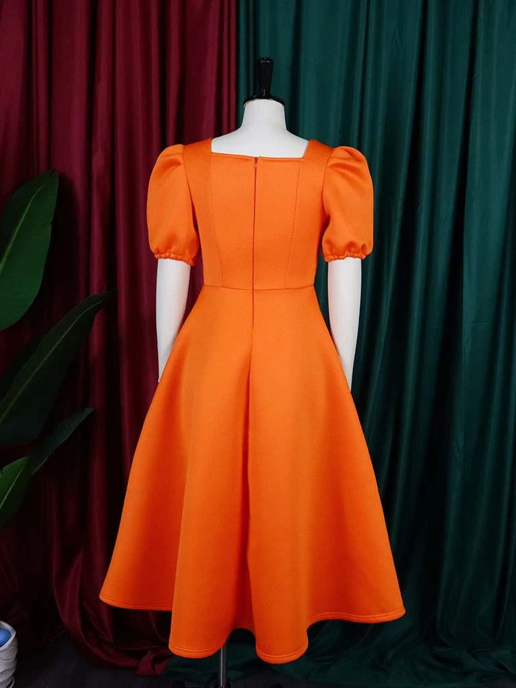 Vintage Solid Color Square Collar Short Lantern Sleeve Pleated High Waist Flared Dress to 3X