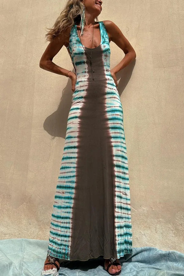 Striped Colorblock Print Backless Criss-Cross Strap Sleeveless Maxi Dress
