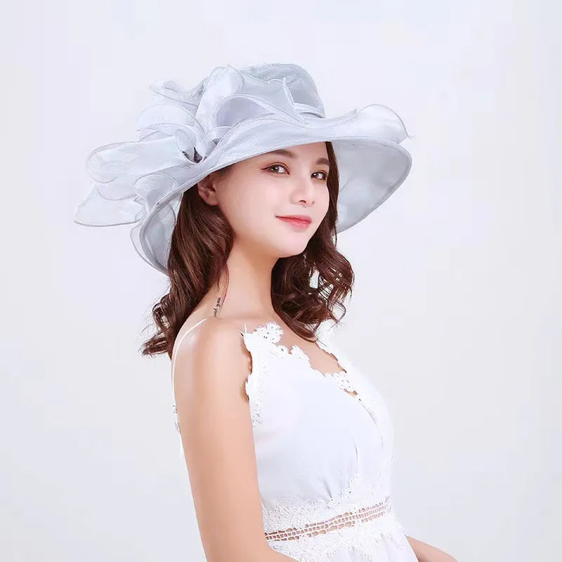 Oversized Organza Floral Bow Detail Wide Brim Kentucky Derby/Church/Wedding Fedora Hat
