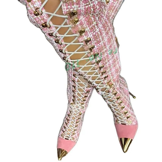 Plaid Pink Lace-Up Hollow-Out Pointed Gold Metal Toe Cross-Tied Stiletto Heel Knee-High Boots