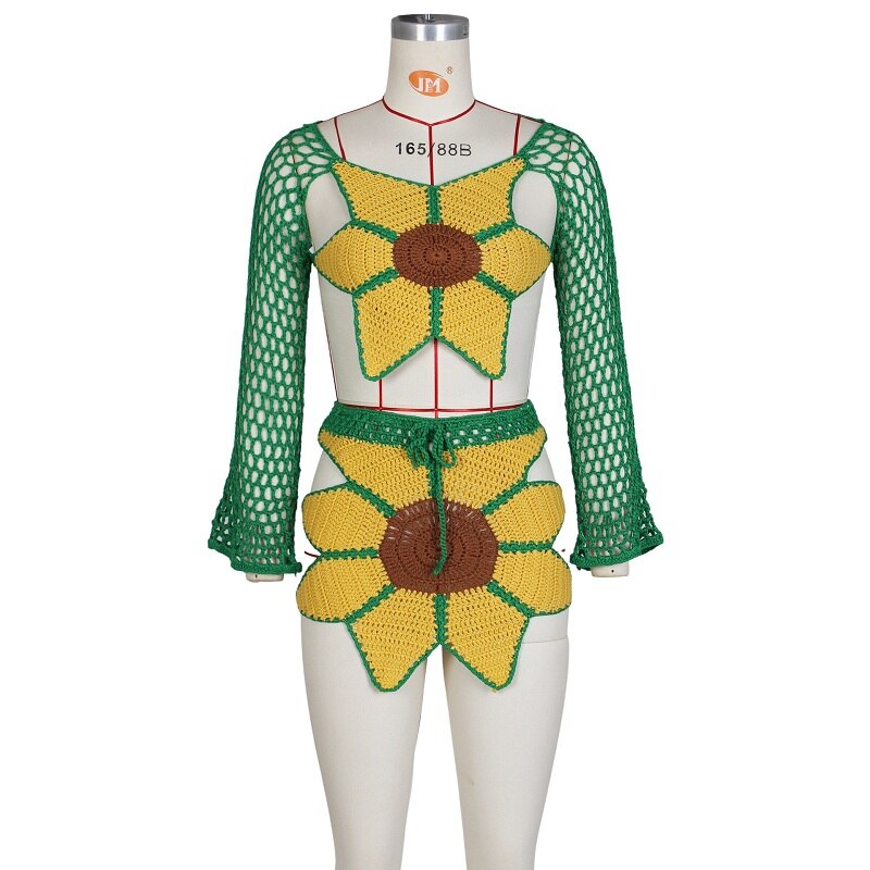 Handmade Crochet Sunflower Beach Cover-Up 2-Piece Long Sleeve Crop Top + Mini Bodycon Skirt Set