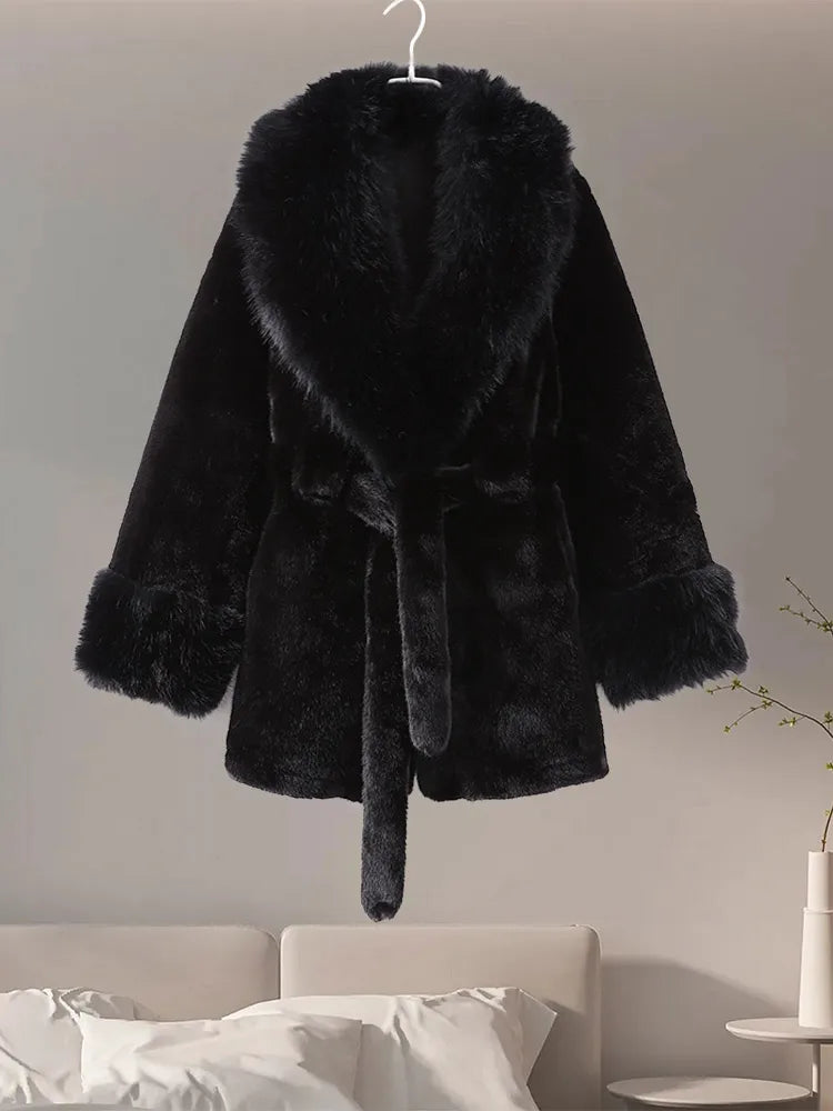 Vintage Solid Color Women's Luxury Faux Fur Oversized Collar Long Sleeve Coat w/ Sash Belt