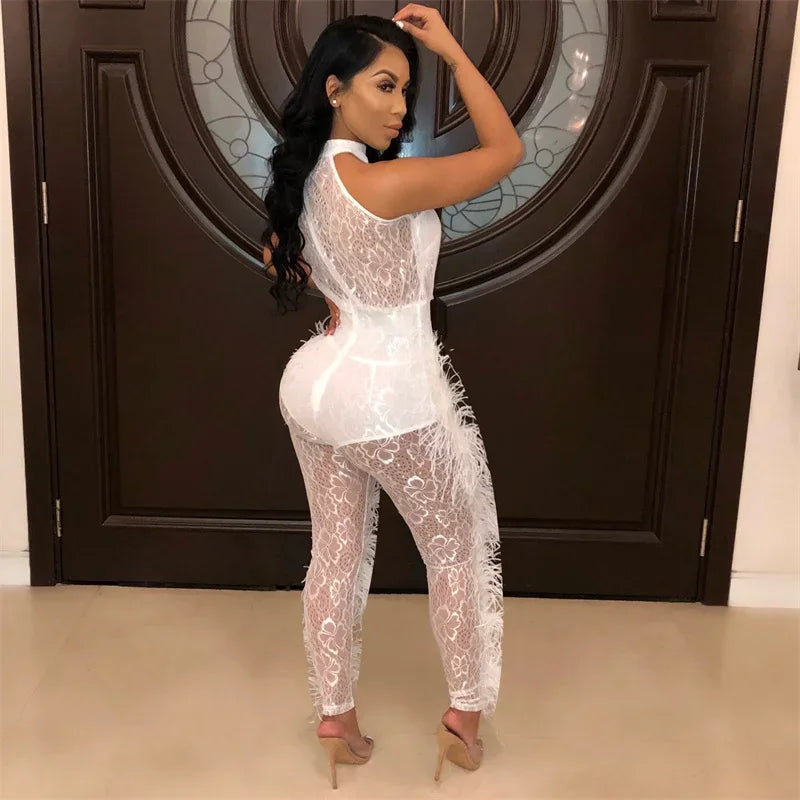 Halter Backless Sleeveless Floral Mesh Transparent Women's Pants Jumpsuit