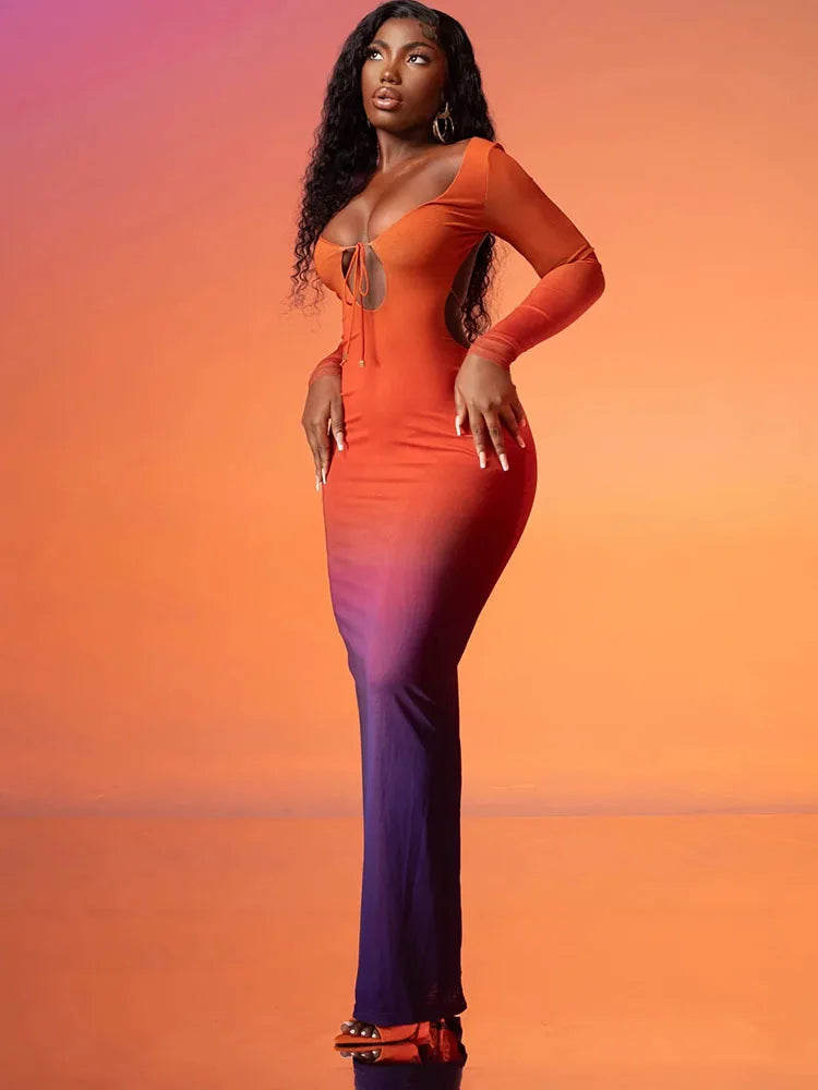 Gradient Long Sleeve V-Neck Hollow-Out Backless Mesh Bodycon Maxi Dress