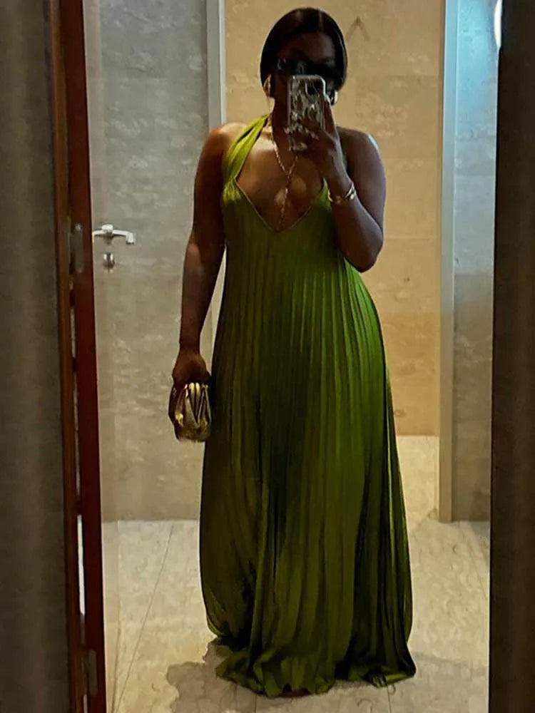Lime Green Pleated Deep V-Neck Hollow-Out Halter Neck Backless Formal Maxi Dress