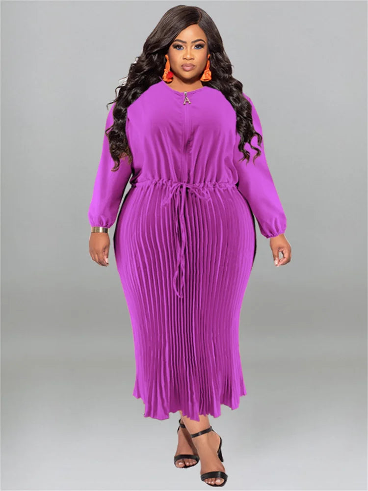 Pleated O-Neck Solid Color High Waist Bandage Long Sleeve Maxi Dress to 5X