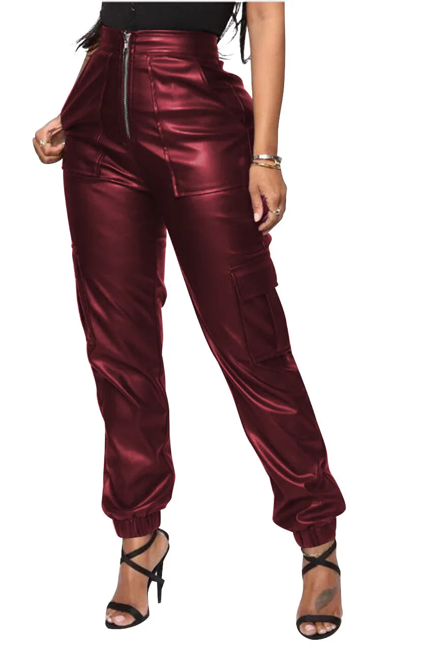 Faux Leather Ladies Zipper Front Trouser Multi-Pocket Cargo Pants