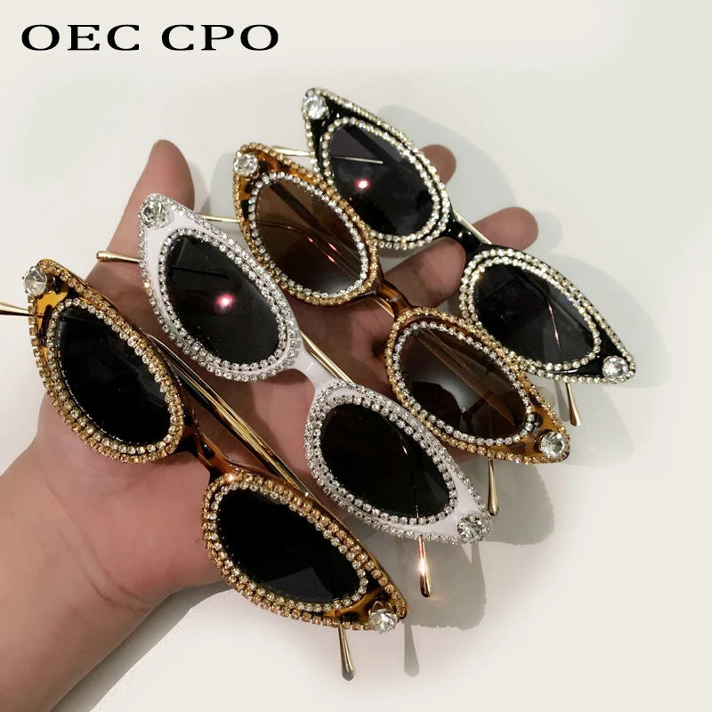 Vintage Rhinestone Cat-Eye Oval Small Frame Bling Diamond  UV400 Women's Sunglasses