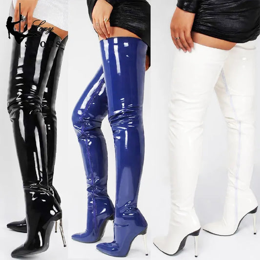 Patent Leather Over-the-Knee Women's Metal Thin Stiletto Heel Boots