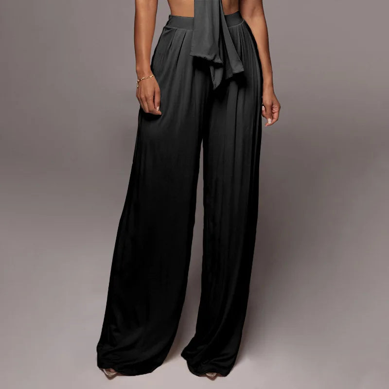 Sleeveless Bowknot Design Tube Top+ Wide Leg Pants Women's Solid Color 2-Piece Set