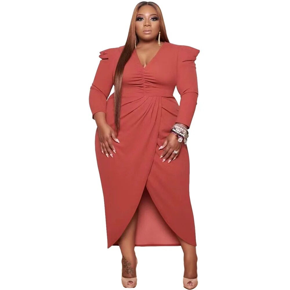 Plus Size Long Sleeve Deep V-Neck Bodycon Wrap w/ Front Slit Dress to 5X