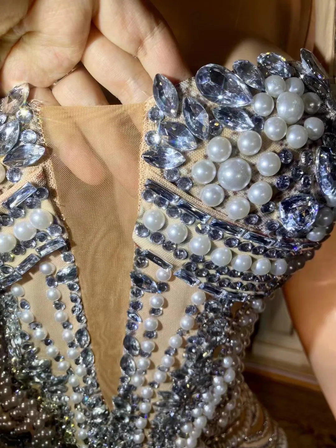 Sparkling Metallic Rhinestone Pearl Feather Detail Sleeveless Floor-length Party/Prom Formal Maxi Dress to 4X Plus Size