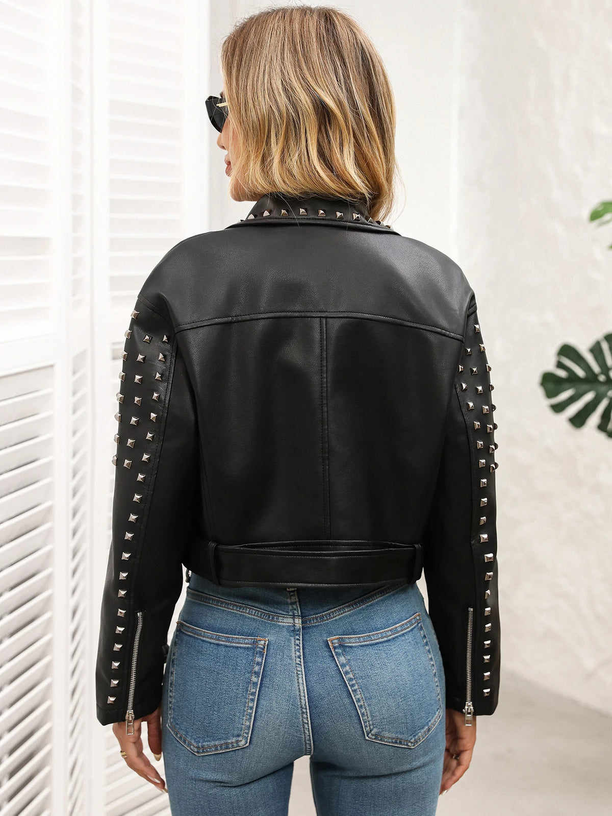 Black PU Leather Rivet Stud Design Women's Belted Biker Jacket