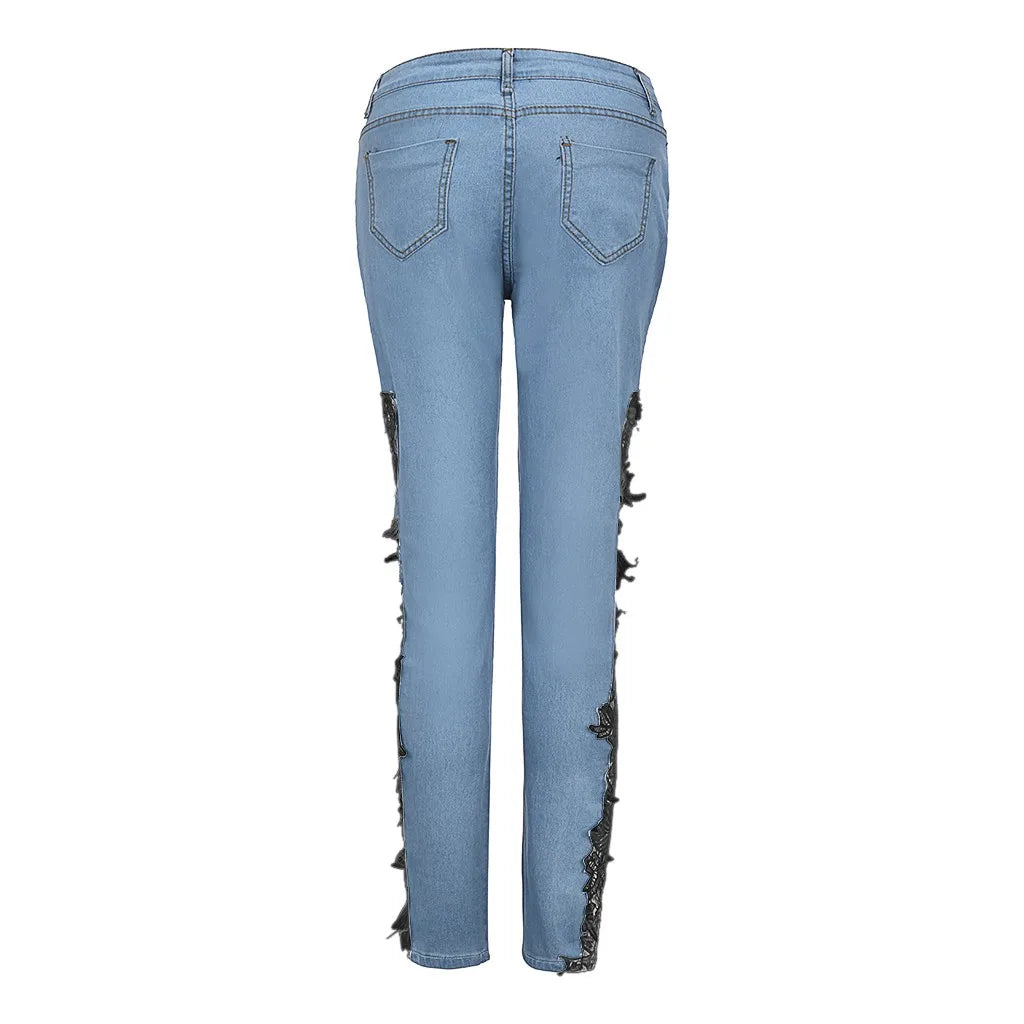 Lace Flower Design Streetwear Denim Lace Hollow-Out Skinny Ladies Jeans to 3X