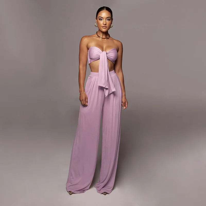 Sleeveless Bowknot Design Tube Top+ Wide Leg Pants Women's Solid Color 2-Piece Set
