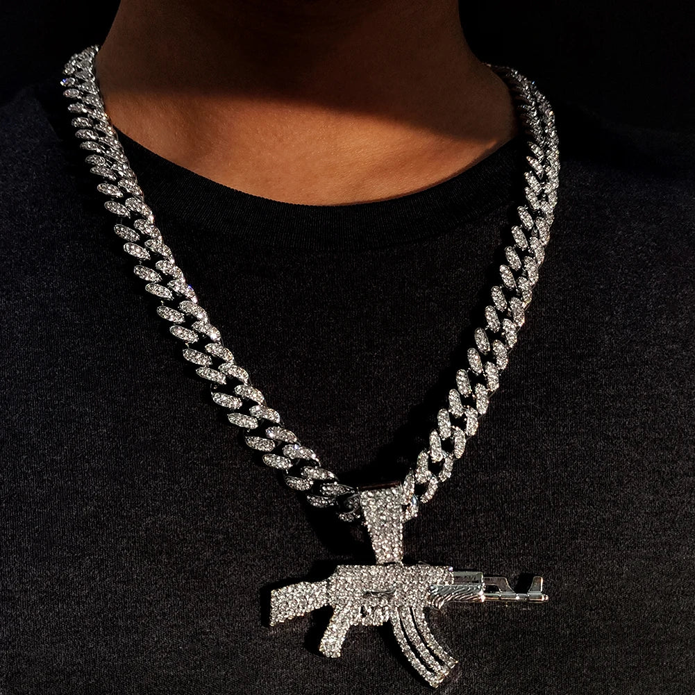 Hip-Hop Gun Pendant Gold Iced Out Crystal Cuban Link Chain