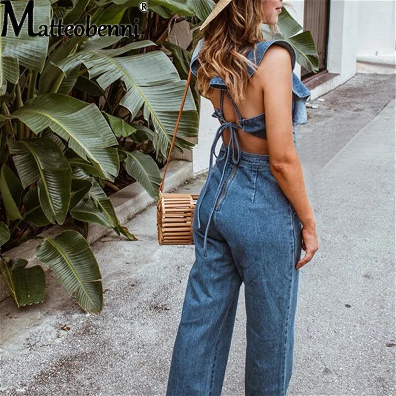 Sleeveless Ruffled Design Backless Denim Romper Jumpsuit