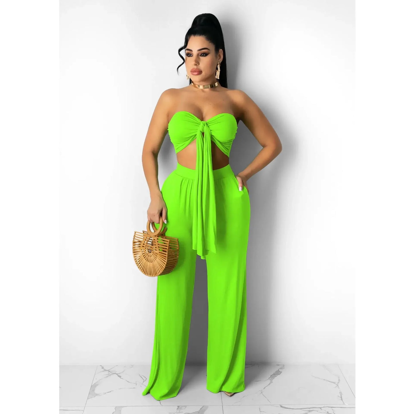 Strapless Hollow-Out  Hatler Neck Crop Top + Leggings Bodycon Solid Color Women's 2-Piece Set