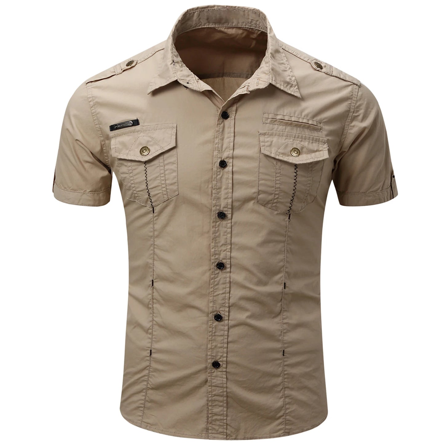 Men's Turn-Down Collar Safari Short Sleeve Casual Tactical 100% Cotton Cargo Pocket Shirt