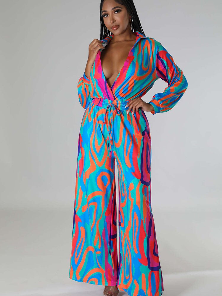 Multi-Colored Long Sleeve Printed Loose Wide Leg Jumpsuit