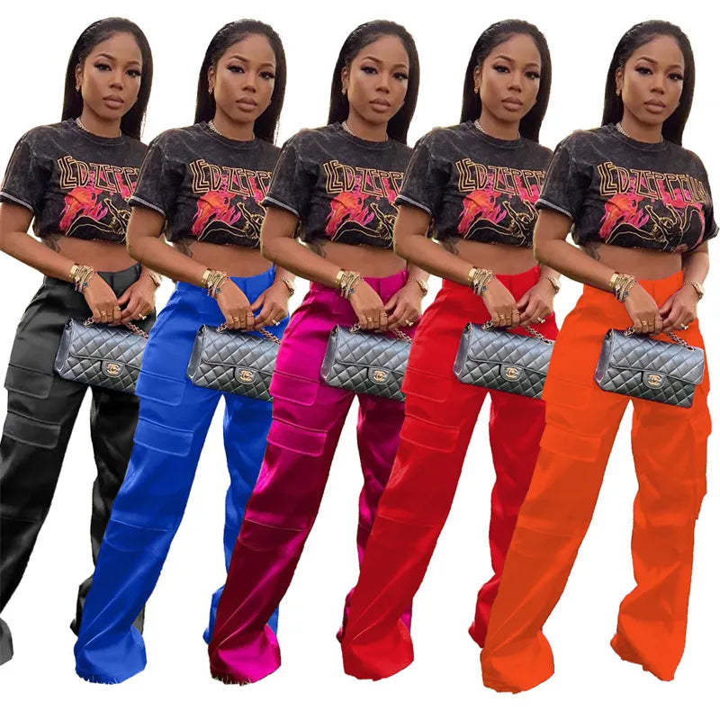 Satin Pocketed Cargo High Waist Button Fly Women's Cargo Pants