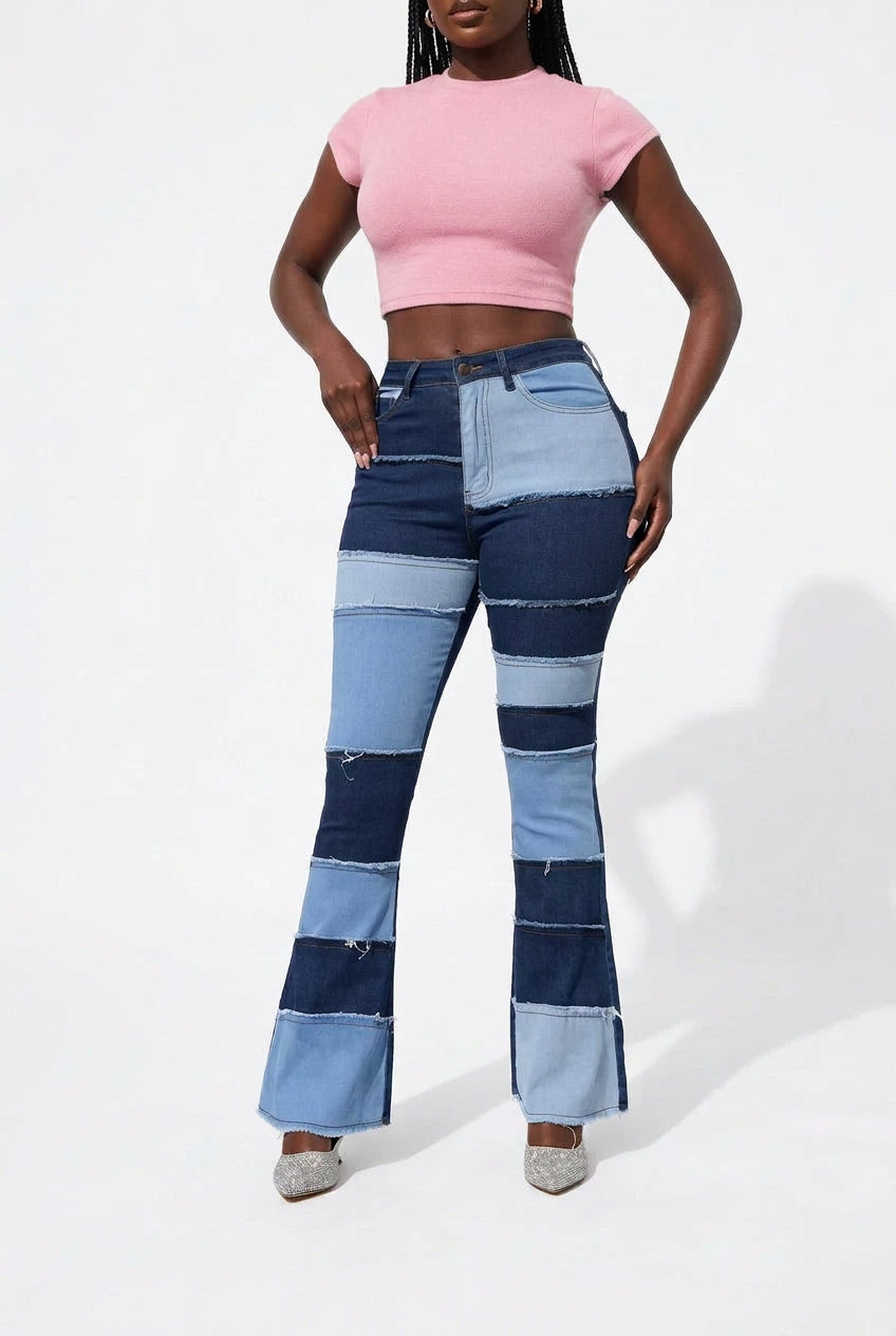 Denim Colorblock Checker Print Washed Women's Ankle Length Flared Bootcut Jeans to 3X Plus Size