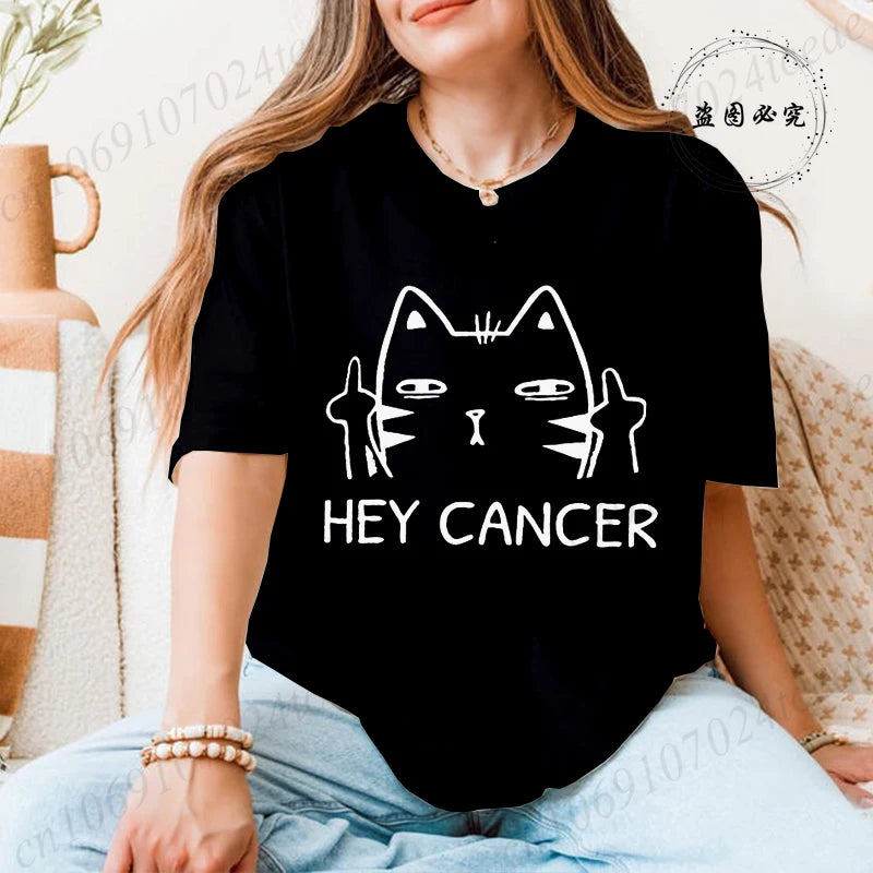 "Hey Cancer" 3D Cat Print Breast Cancer Awareness T-Shirt to 3X Plus Size