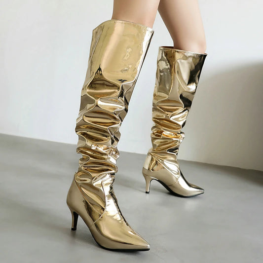 Ruched Metallic Mirror Pleated Patent Leather Pointed Toe Spike Heel Knee-High Boots