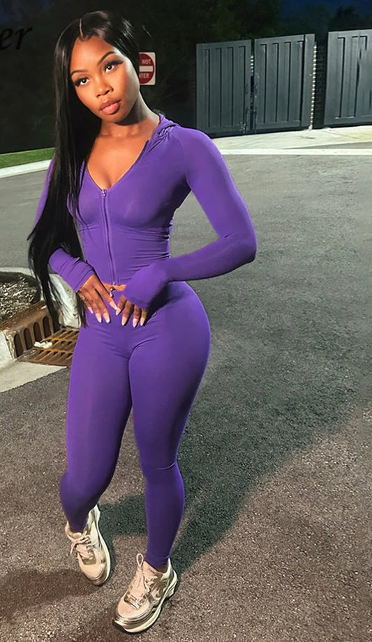 Bodycon Solid Color Women's Crop Zipper Fitness Hoodie Jacket + Workout Leggings Skin Tight Tracksuit