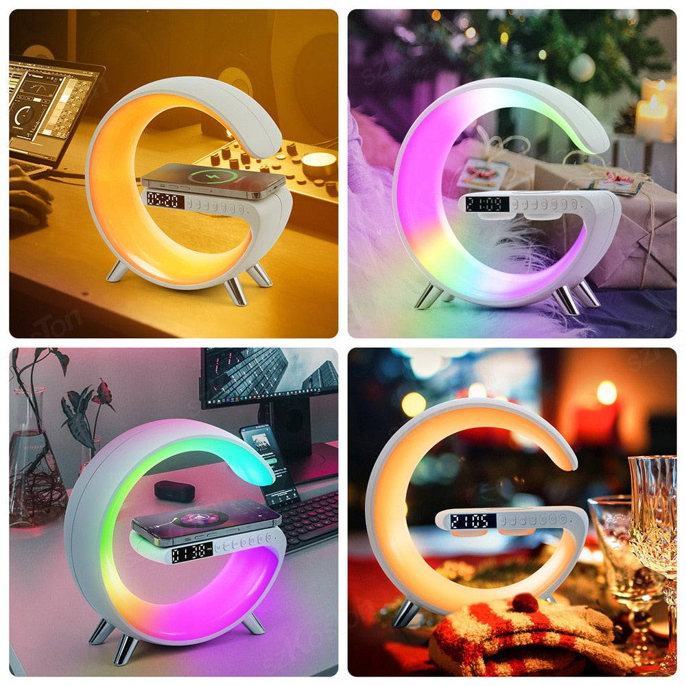 Smart APP LED RGB Night Light Atmosphere Desk Lamp Alarm Clock Speaker Wireless Charger