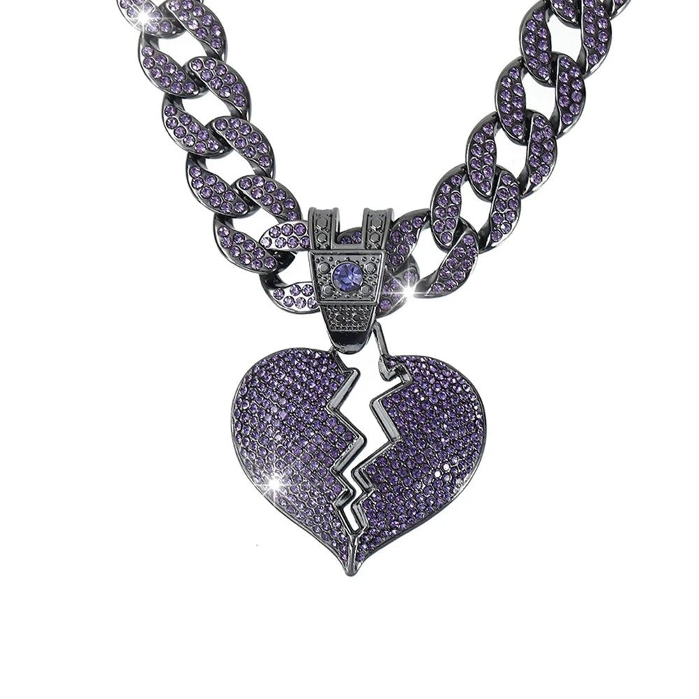 Purple Broken Heart Pendant Cuban Iced Out Hip-Hop Chain