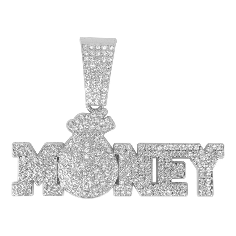 "Money" Iced Out Bling Rhinestone Chain Money Bag Dollar Sign Chain Necklace