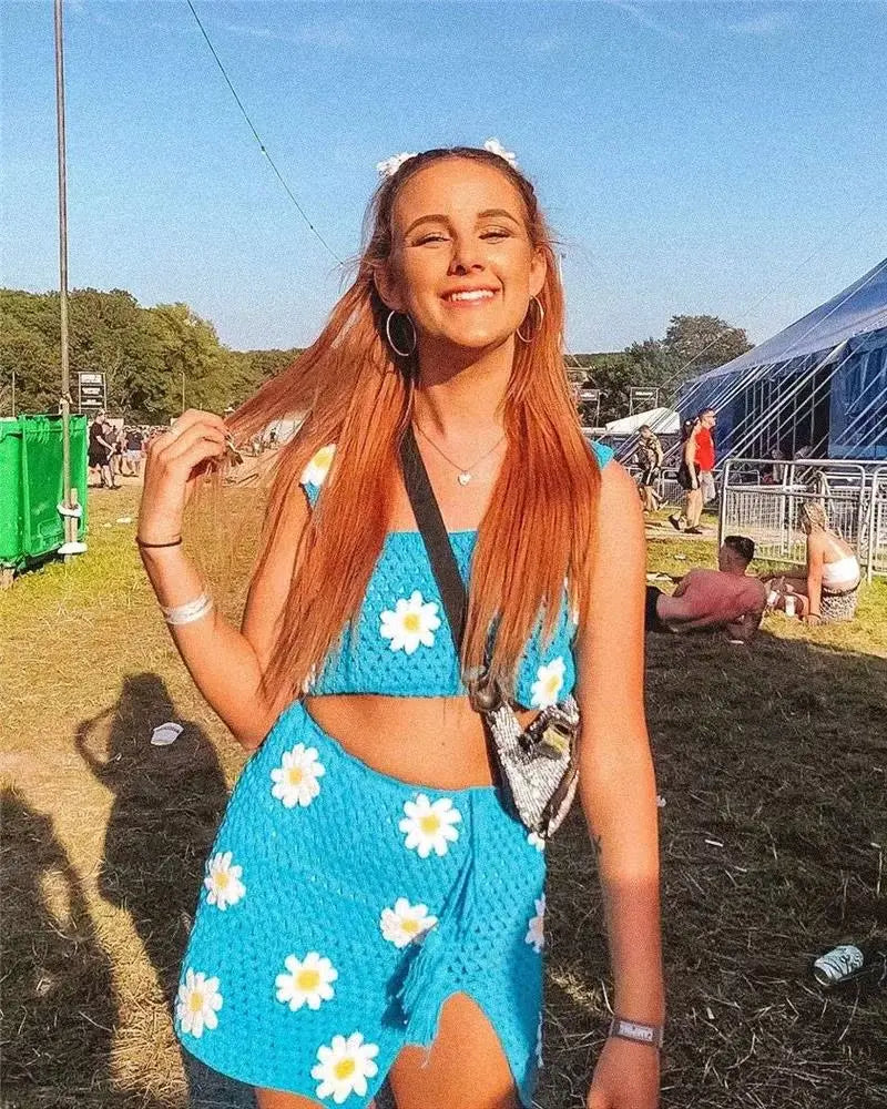 Crochet Big Flower Pattern Knitted Women's Sweater Tank Top + Drawstring Mini Skirt 2-Piece Set