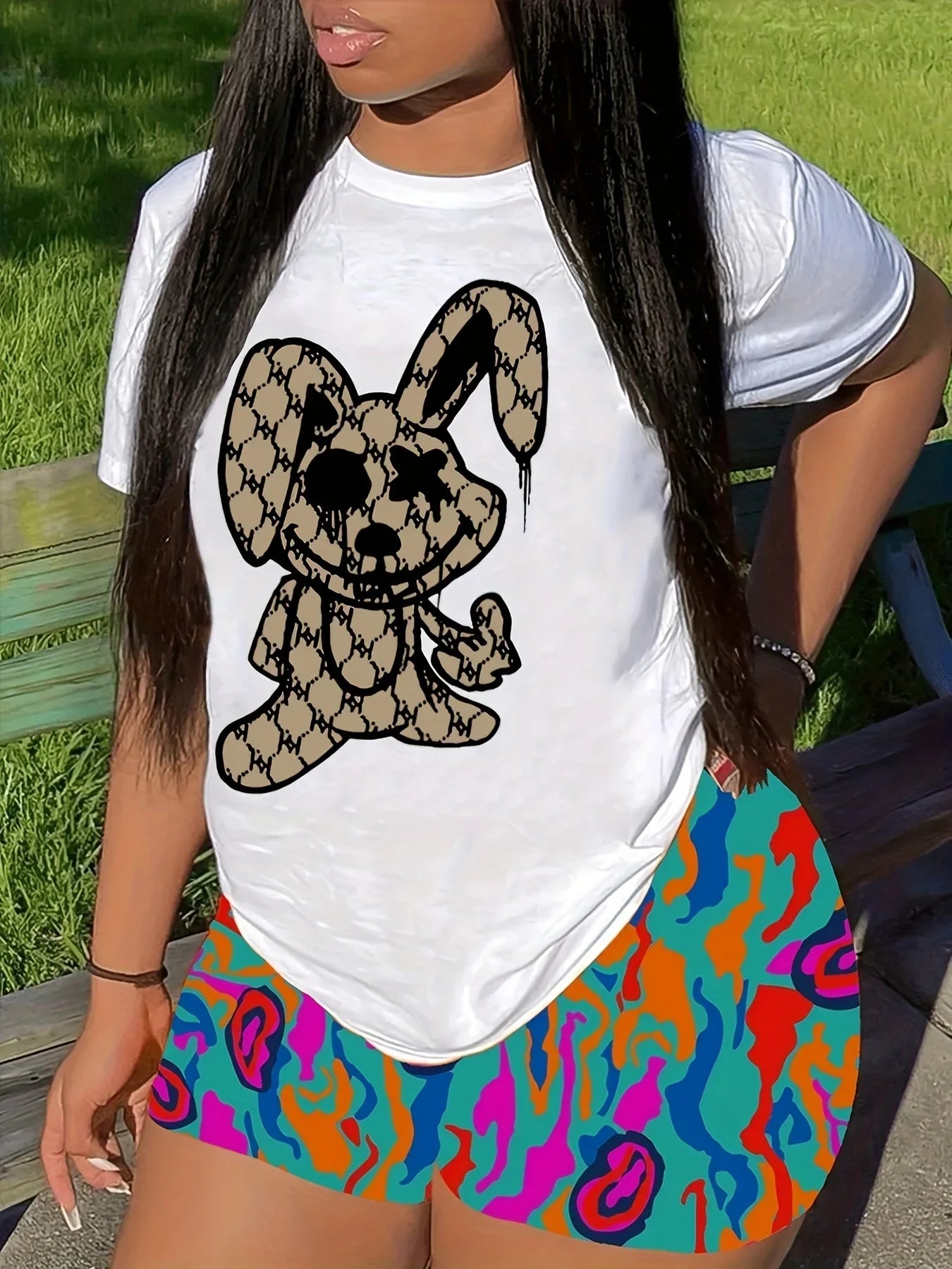 Hip-Hop Plaid Bunny Rabbit Print Women's Short Sleeve Skinny O-Neck T-Shirt to 3X Plus Size