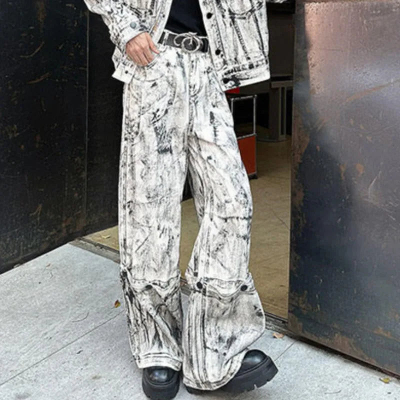 Men's White/Black Tie-Dye Print High Street Denim Pocket Design Jean Jacket + Wide Leg Cargo Jeans 2-Piece Set