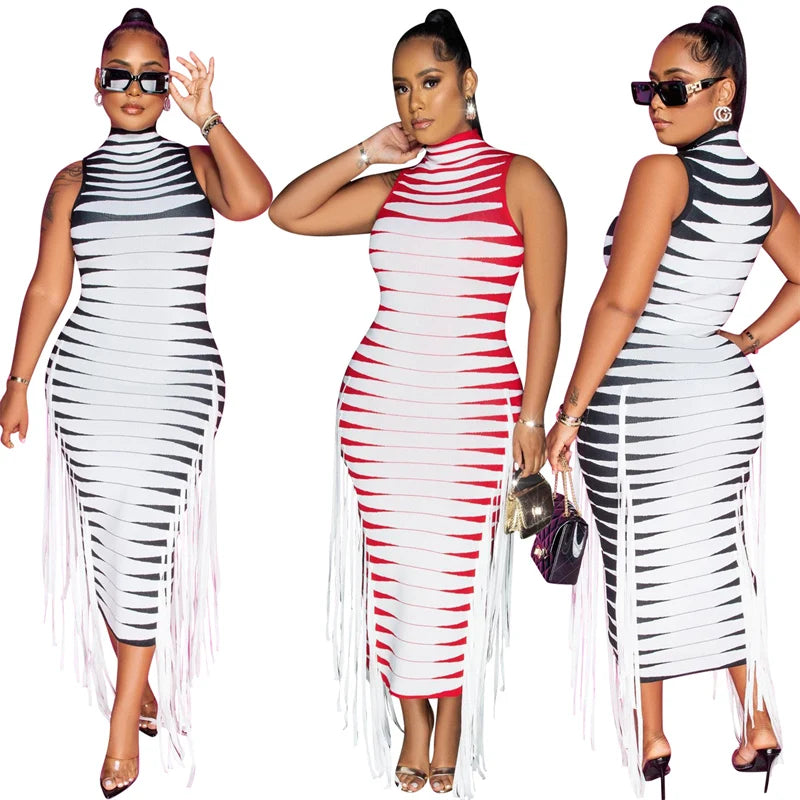 Striped Fringed Tassel Bodycon Sleeveless Party Maxi Dress