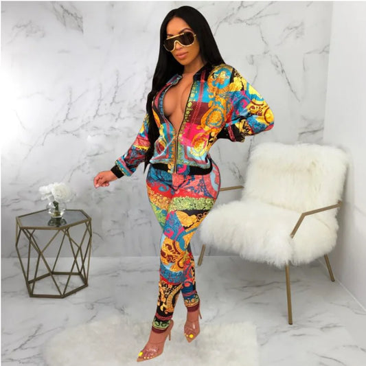 Paisley Italian Multi-Colored Print Ladies Zipper Bomber Jacket + Elastic Pants 2-Piece Set