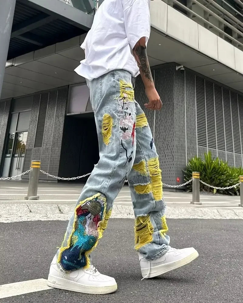 Streetwear Baggy Stacked Ripped Graphic Embroidered Hip Hop Jeans