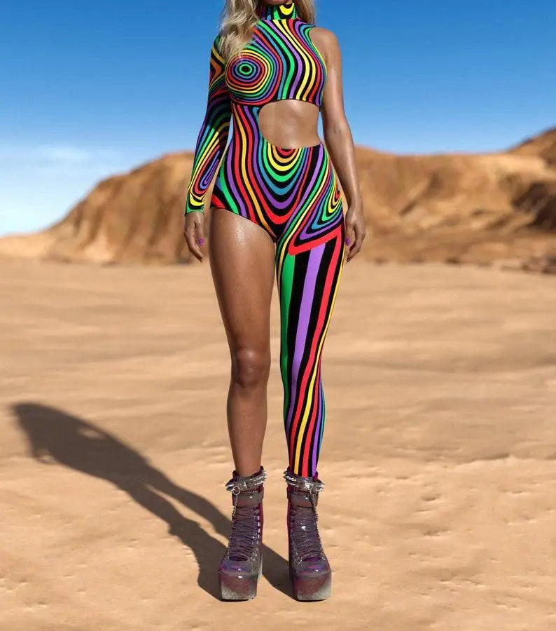 Irregular Asymmetrical One Sleeve Rainbow Geometric Striped Floral Hollow-Out 3D Print One Leg Jumpsuit to 3X Plus Size
