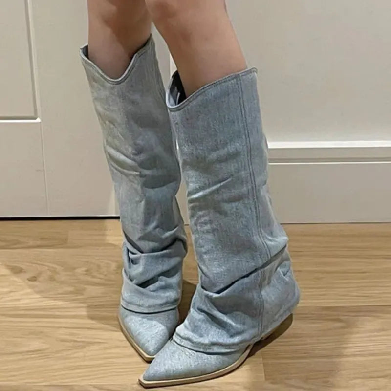 Ripped Tassel Pleated Ruched Blue Denim Pointed Toe Slip-On Western Boots