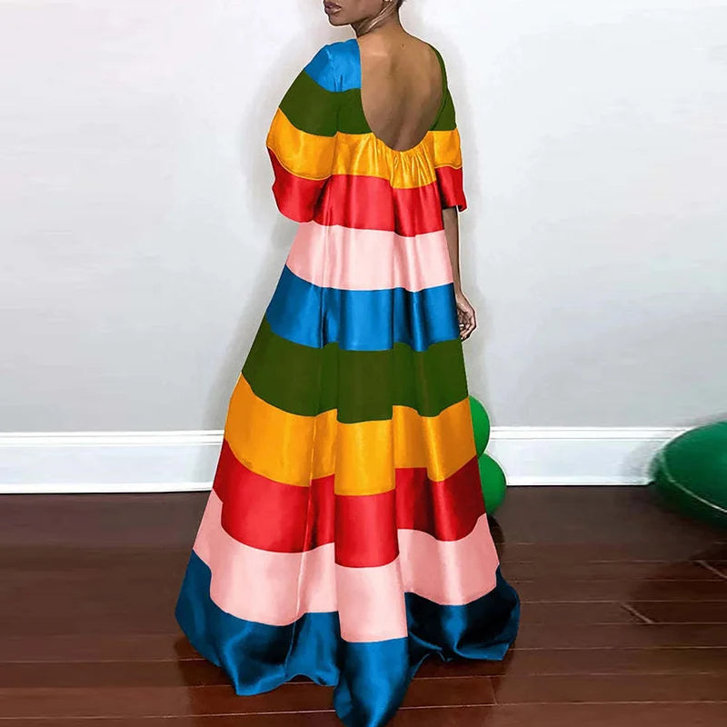 Rainbow Striped Bohemian Oversized Loose 1/2 Sleeve Backless O-Neck Maxi Dress